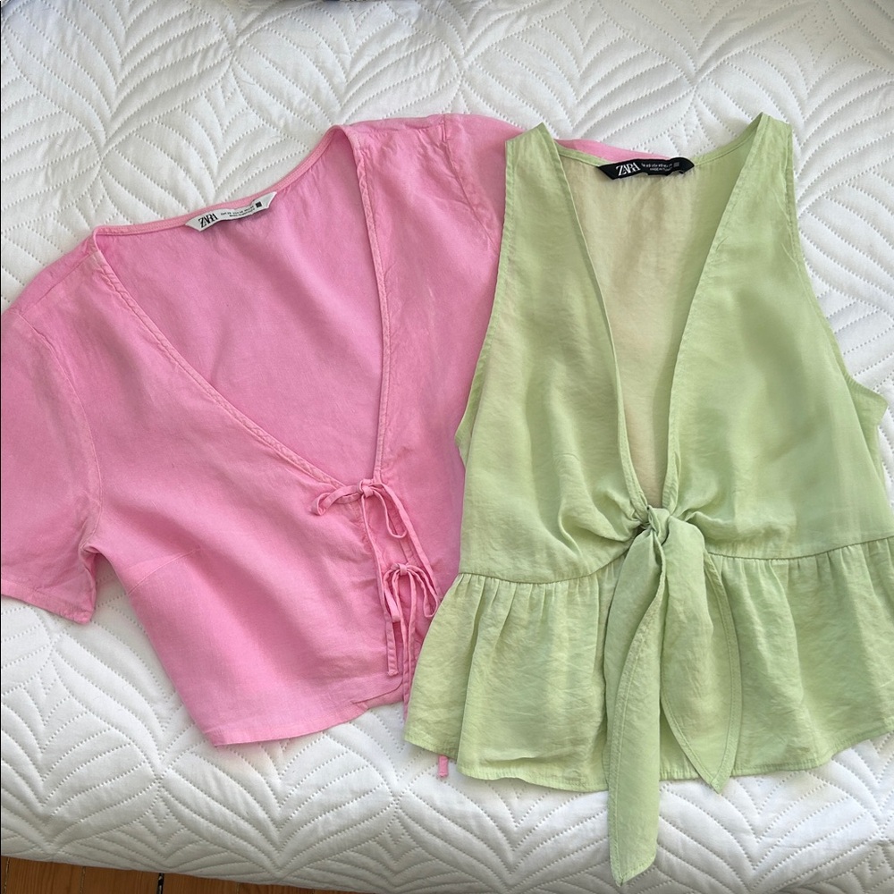 Zara Pink Short Tie-Front Top & Zara Light Green Tie-Front Peplum Top